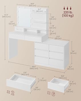 VASAGLE Dressing Table with LED Lights, Vanity Table Makeup Desk, RDT140WB02
