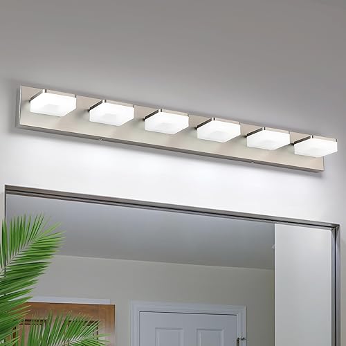 Luces de tocador de níquel cepillado para baño, 6 luces, accesorios de iluminación para espejo de 39 pulgadas, ajustable, 5500 K, moderna luz LED de