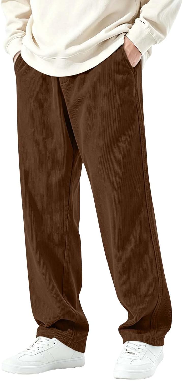 Men's Corduroy Pants Straight Leg Elastic Waist Baggy Sweatpants