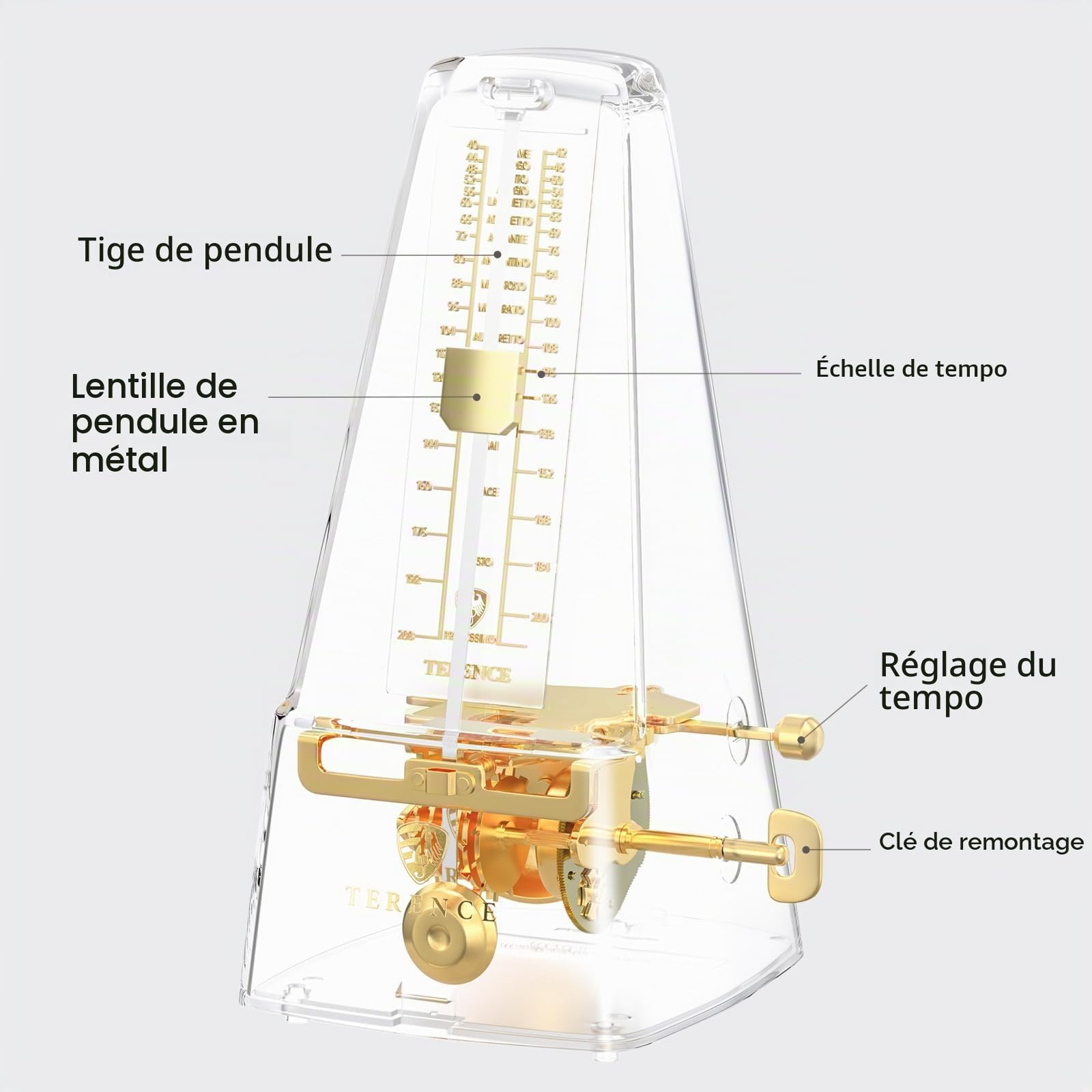 TERENCE Métronome Mécanique Transparent Seiko Métronome Mécanique pour Piano, Guitare, Guzheng, Violon, Batterie, Pipa Machine rythmique universelle pour la musique