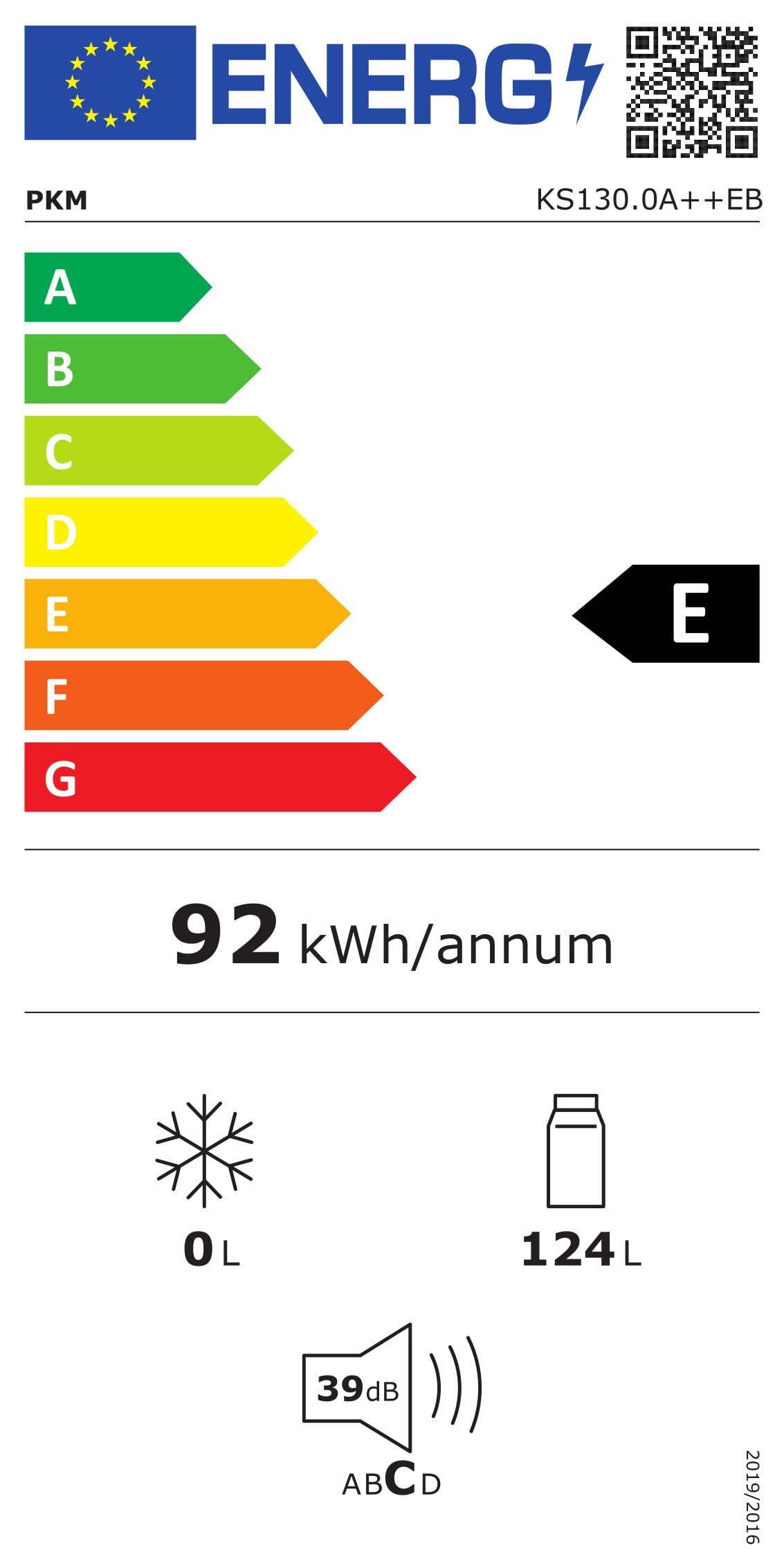 PKM Frigorifero da incasso KS130.0A++EB senza congelatore, 87 x 54 cm, capacità utile 124 litri, funzionamento silenzioso 39 dB, fermata della porta sostituibile, consumo di energia 92 kWh/anno,