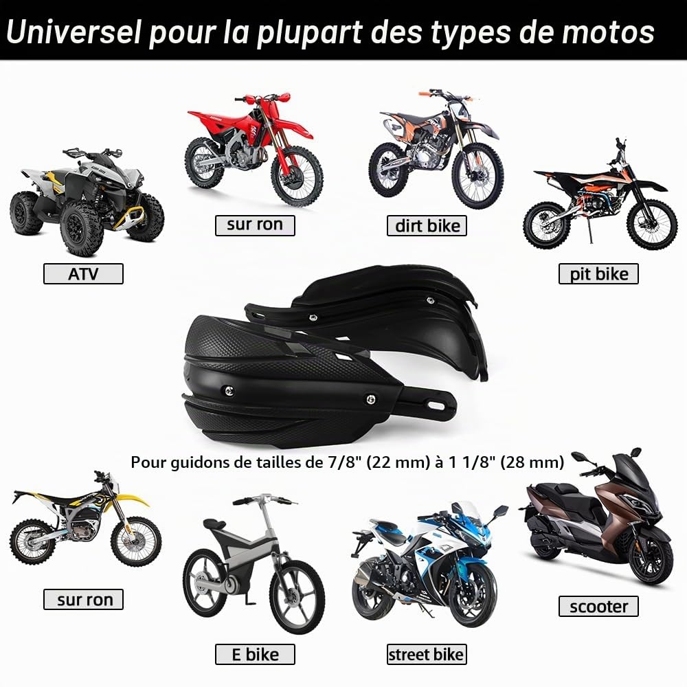 Protège-Mains Moto Universel, 7/8 in (22 mm) ~11/8 in (29 mm) Adapté Aux Motos Tout-terrain et Aux ATVS, Compatible avec Yamaha YZ250 YZ250F TW200 XT250 XR650L (Noir)
