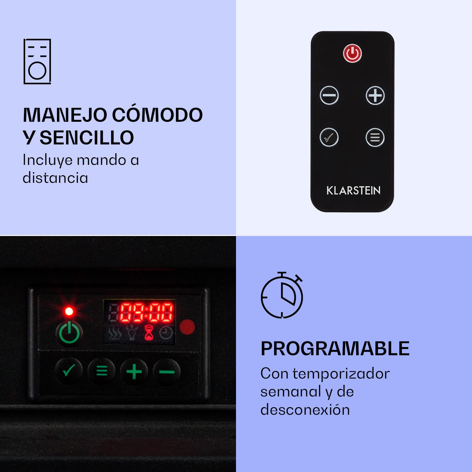 Klarstein Chimenea Electrica Bajo Consumo Pared, Estufa sin Leña de Interior, Chimeneas Electricas Decorativas 1800W, Llama LED, Chimenea Decorativa con Mando, Temporizador y Efecto Real Troncos