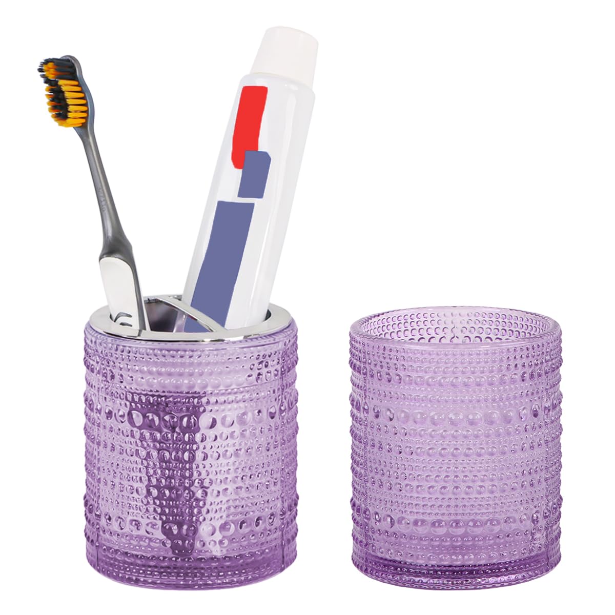Tonxus Purple Toothbrush Holders for Bathrooms, Glass Toothbrush Holder with 2 Slot Divider, 10oz Bathroom Tumbler and Mouthwash Cup, Tooth Brush