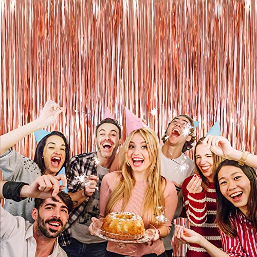 Image of GOER 3.2 ft x 9.8 ft Metallic Tinsel Foil Fringe Curtains for Party Photo Backdrop Wedding Decor (3 Packs, Rose Gold)
