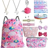 Mukum 12Pcs Drawstring Backpack for Unicorn Gift for Girl Include Makeup Bag Bracelet Necklace Hair Ties Cartoon Tattoo for Unicorn Party Favors (Pink)