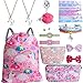 Mukum 12Pcs Drawstring Backpack for Unicorn Gift for Girl Include Makeup Bag Bracelet Necklace Hair Ties Cartoon Tattoo for Unicorn Party Favors (Pink)