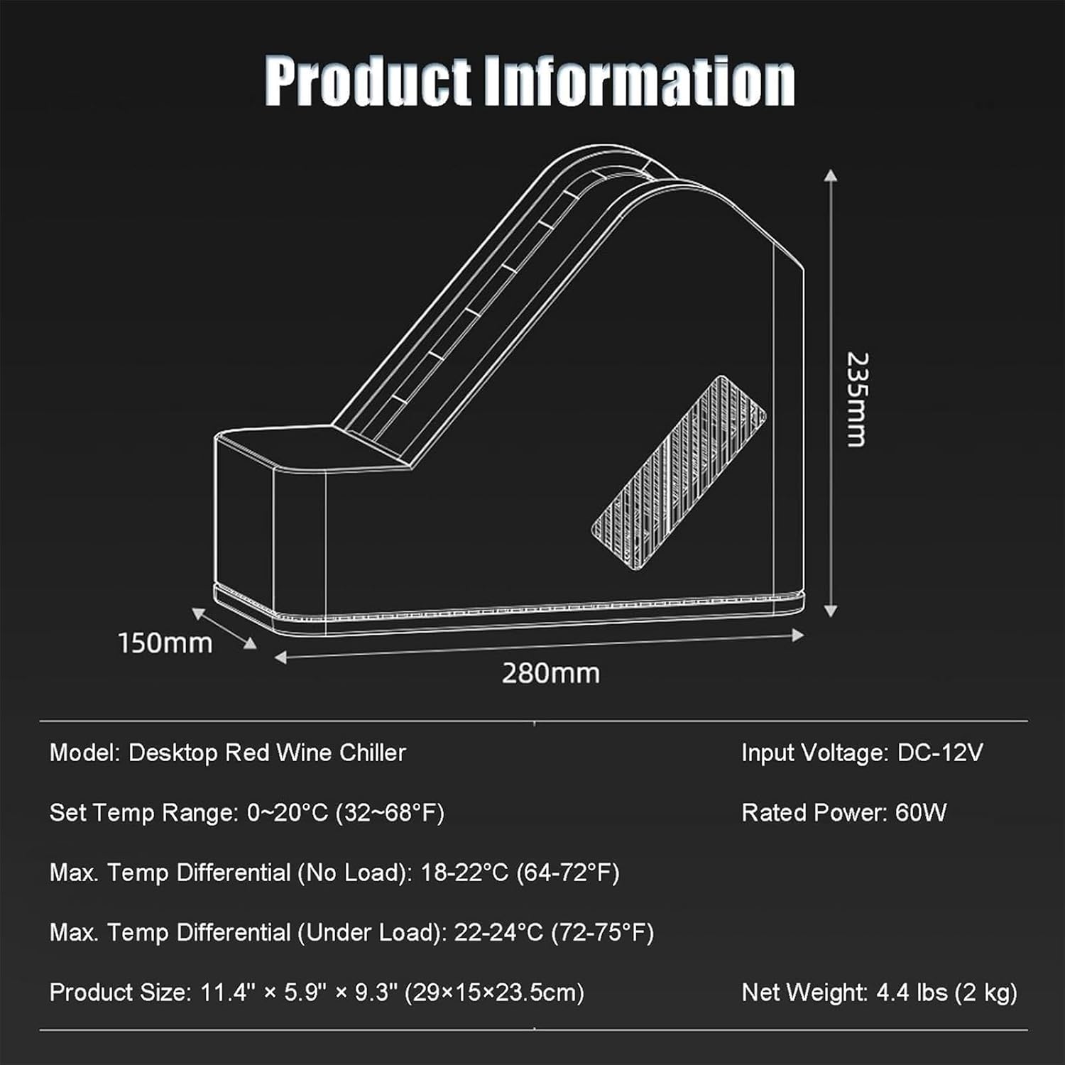 96.0Mm Single Bottle Wine Chiller, 750ml Electric Wine Cooler with Lcd Display and Ambient Light, Adjustable Temperature 0-20℃, Semi-enclosed Design, for Homes, Restaurants and Hotels