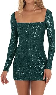 Women Sexy Long Sleeve Sparkly Sequin Bodycon Mini Dress Square Neck See Through Backless Self Tie Up Short Dress - Buy now