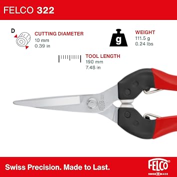 Felco F322 Pruning Snips 9.84 Garden Clippers with Curved Blade & Rounded Tip | Pruning Shears for Gardening | Garden Snips and Pruners with Carbon Steel Blade, Sap Groove