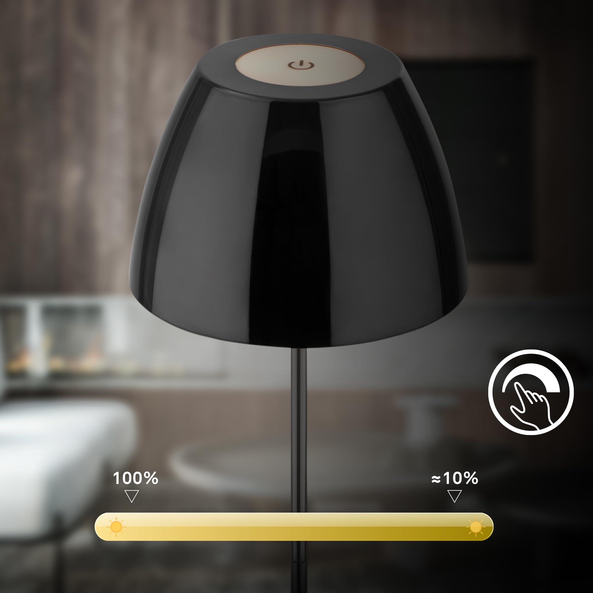 BRILONER - Lampada da tavolo LED senza fili IP44 con touch, dimmerabile, lampada da comodino, lampada ricaricabile, lampada da tavolo a batteria, da esterno, 13,5x36cm (DxH), nero-cromo