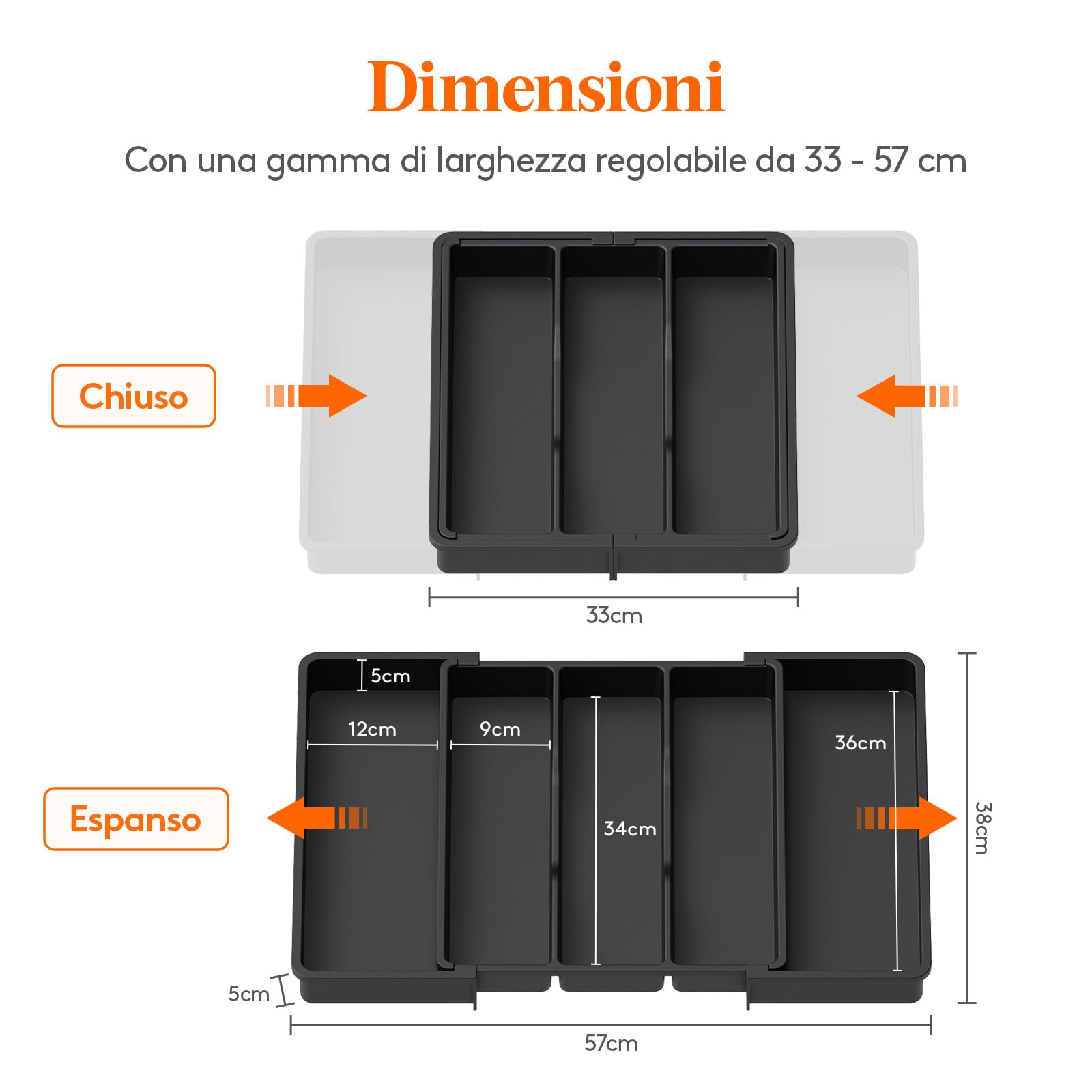 Lifewit Portaposate da Cassetto, Organizer Utensili da Cucina, Porta Posate Regolabile in Plastica, per Utensili e Accessori, Profondità 38 cm, Espandibile fino a 57 cm, Pacchi 1, Nero