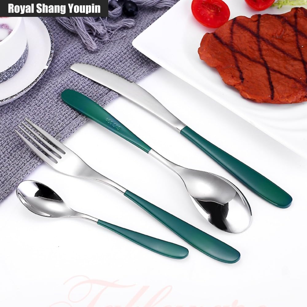 Manico Ispessente Cucina Posate in Acciaio Inossidabile Stoviglie Posate Set Di Posate Coltello Da Bistecca Forchetta Cucchiaio Cucchiaino (Verde Argento,16 pezzi)
