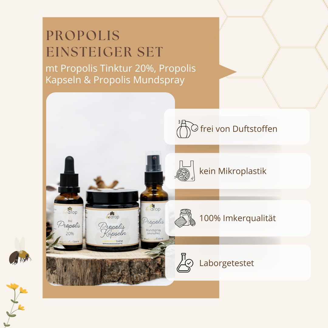 bedrop | Propolis Einsteiger Set - Spray + 20% Tinktur + Propolis Kapseln | Für Kinder & Erwachsene