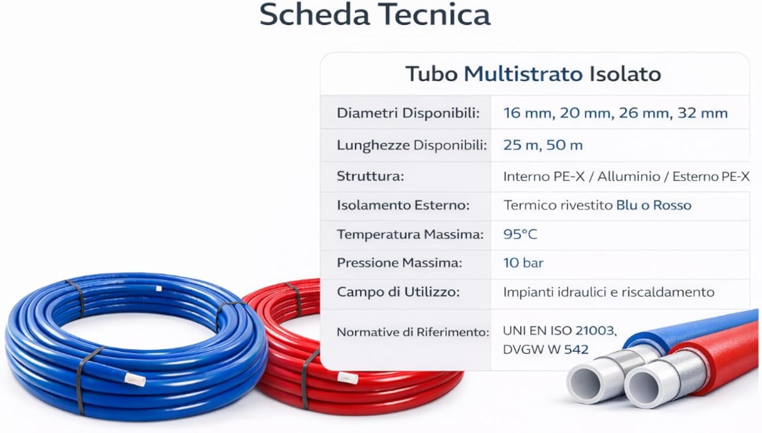Tube Multicouche Isolé Bleu 16 mm 50 m PERT-AL-PERT pour Installation Eau Chaude et Froide Chauffage Isolation Thermique Haute Résistance Pression Température Usage Professionnel