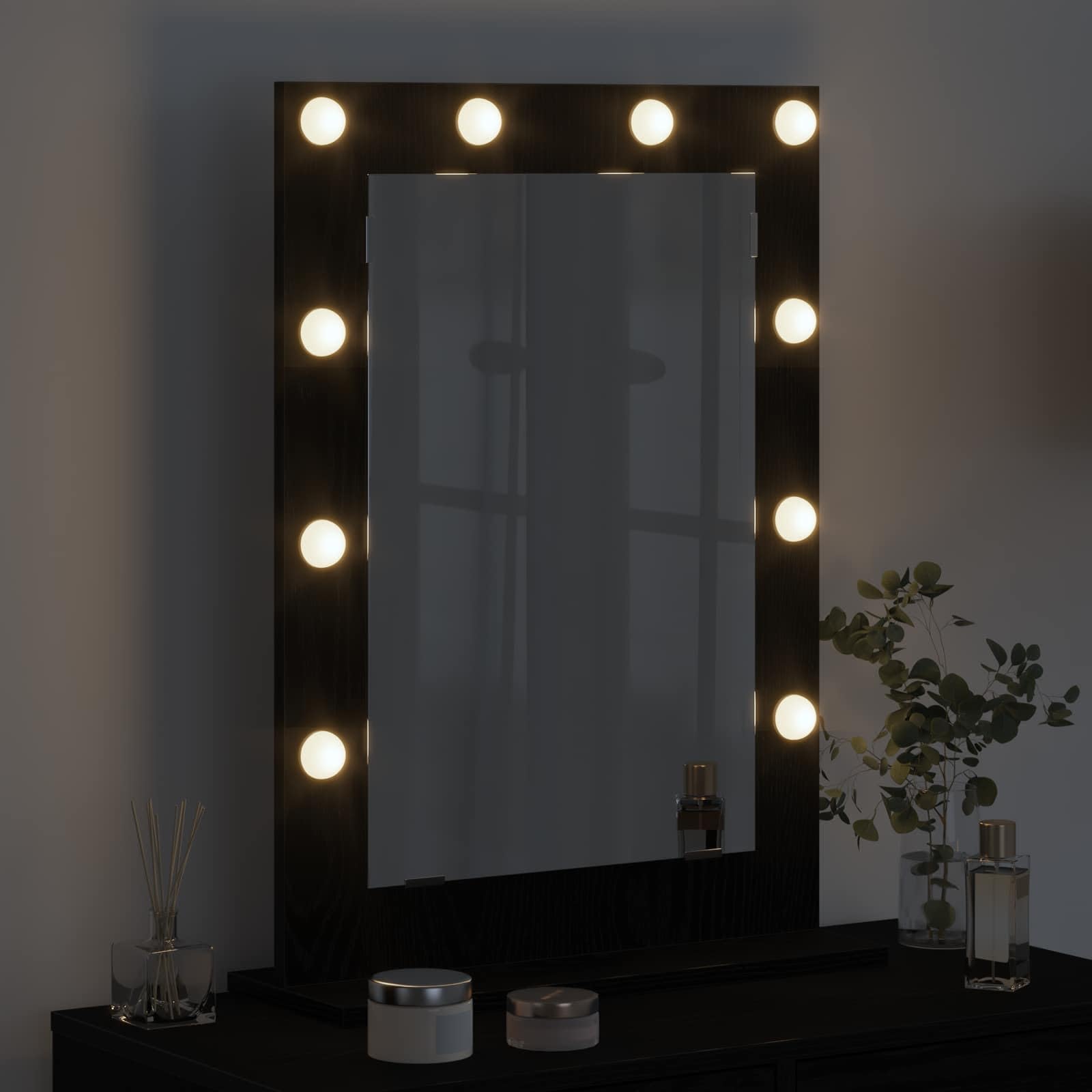 LED Schminkspiegel Schwarz Eichen-Optik 70 x 50 x 18 cm, USB Flachspiegel für Bad, Kosmetik und Rasur, warmweißes Licht im Innenbereich