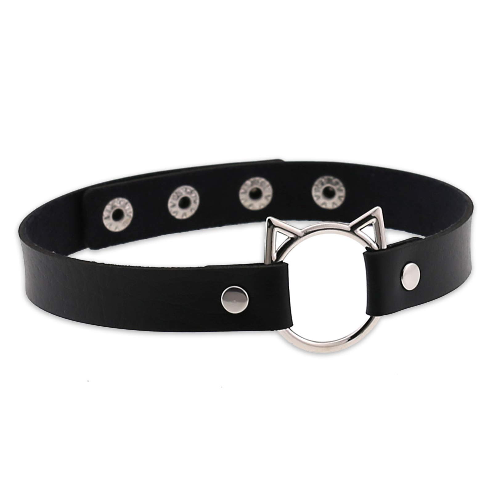 VANGETIMI Black Leather Choker Necklace O-Ring Heart Rivets Cat Circle Charm Adjustable Punk Gothic Collar Necklace for Women Girls Cosplayer