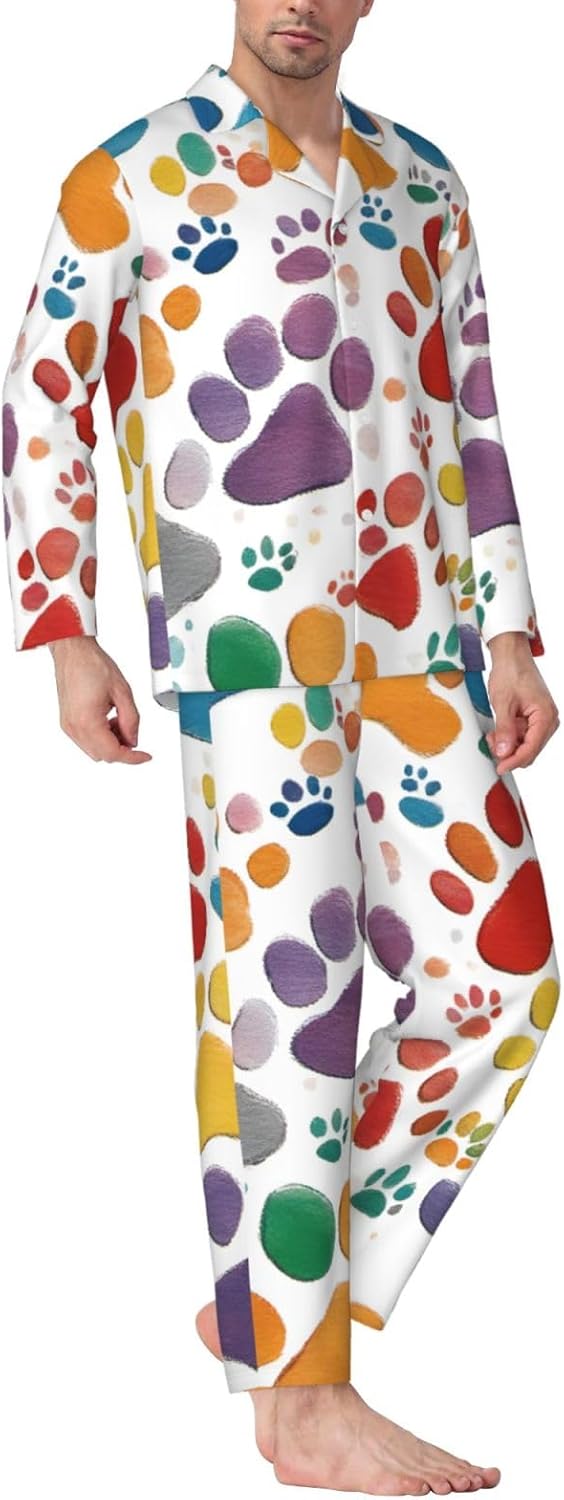 Paw Prints Art Print Luxurious Mens Pajamas Set,Breathable Pajamas Set,Perfect For Lounging Bed,Sofa