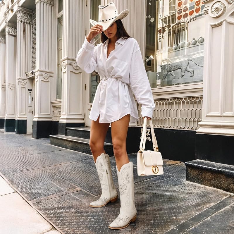 Women's Wide Calf Knee High Sparkly Rhinestone Western Country Boots - Glitter, Classic Embroidery, Pointed Toe, Pull On Zipper Retro Boots - Image 2