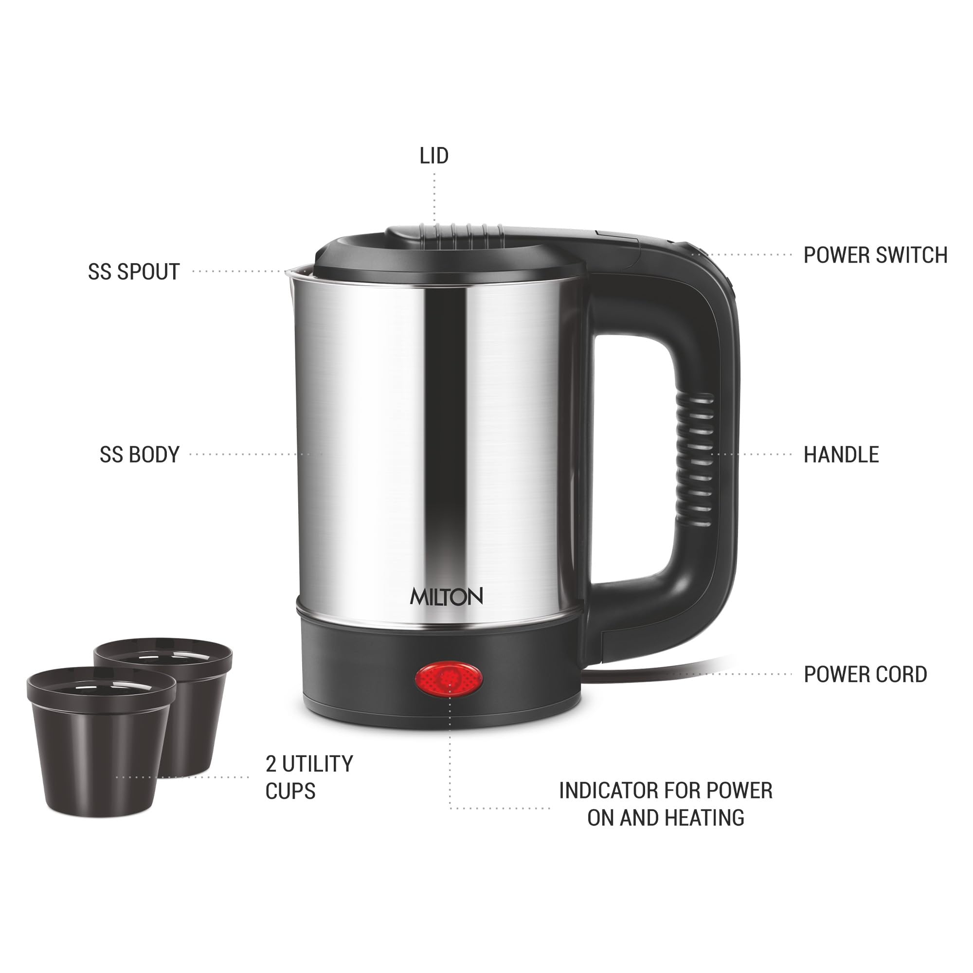 MILTON Stainless Steel Euroline Electric Travel Kettle With Handle, 1000 Watt, 500 Ml | 2 Utility Cups | Auto Shut-Off | Concealed Heating Element | Power Indicator |1Year Warranty, Silver