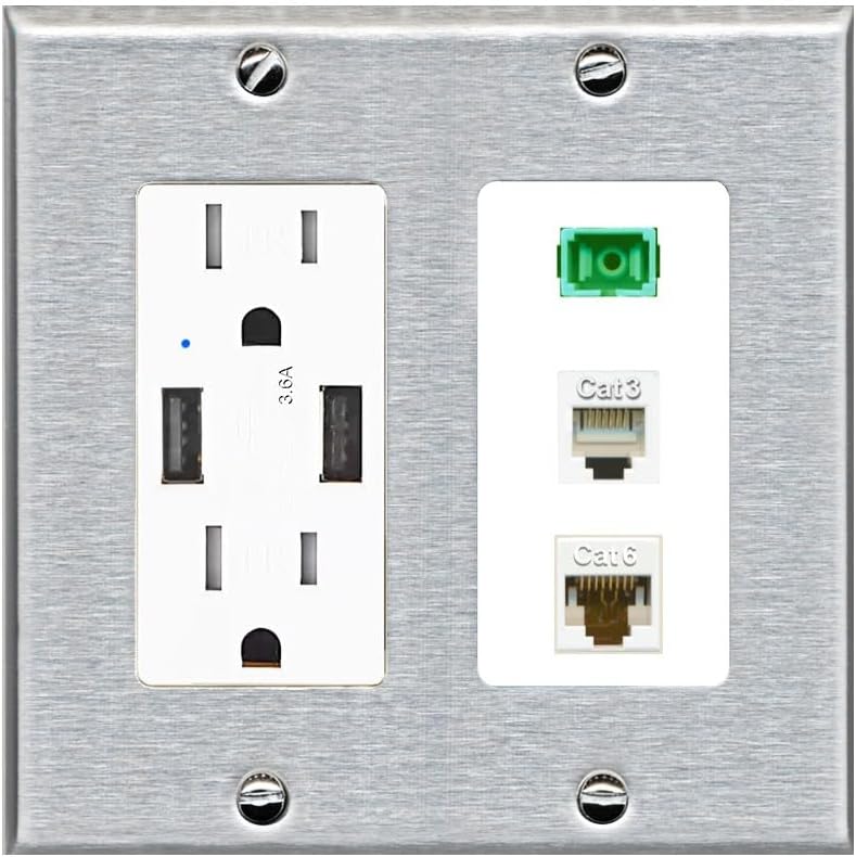 RiteAV 1 Port SC APC Simplex Phone and Cat6 Ethernet Wall Plate - USB Charger Outlet [Black/Black]