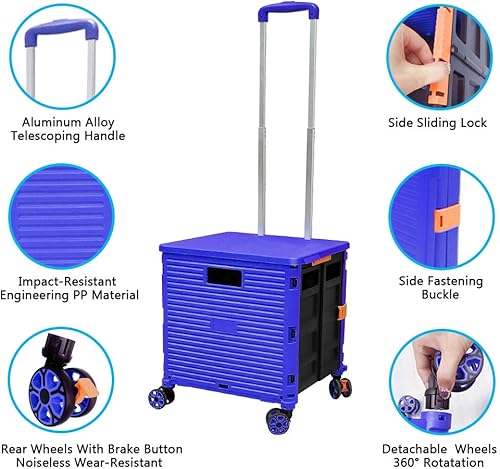 Miniatura 211 de FELICON SELORSS - Carrito plegable portátil con ruedas para subir escaleras y ruedas giratorias de 360°, mango telescópico, caja de plástico