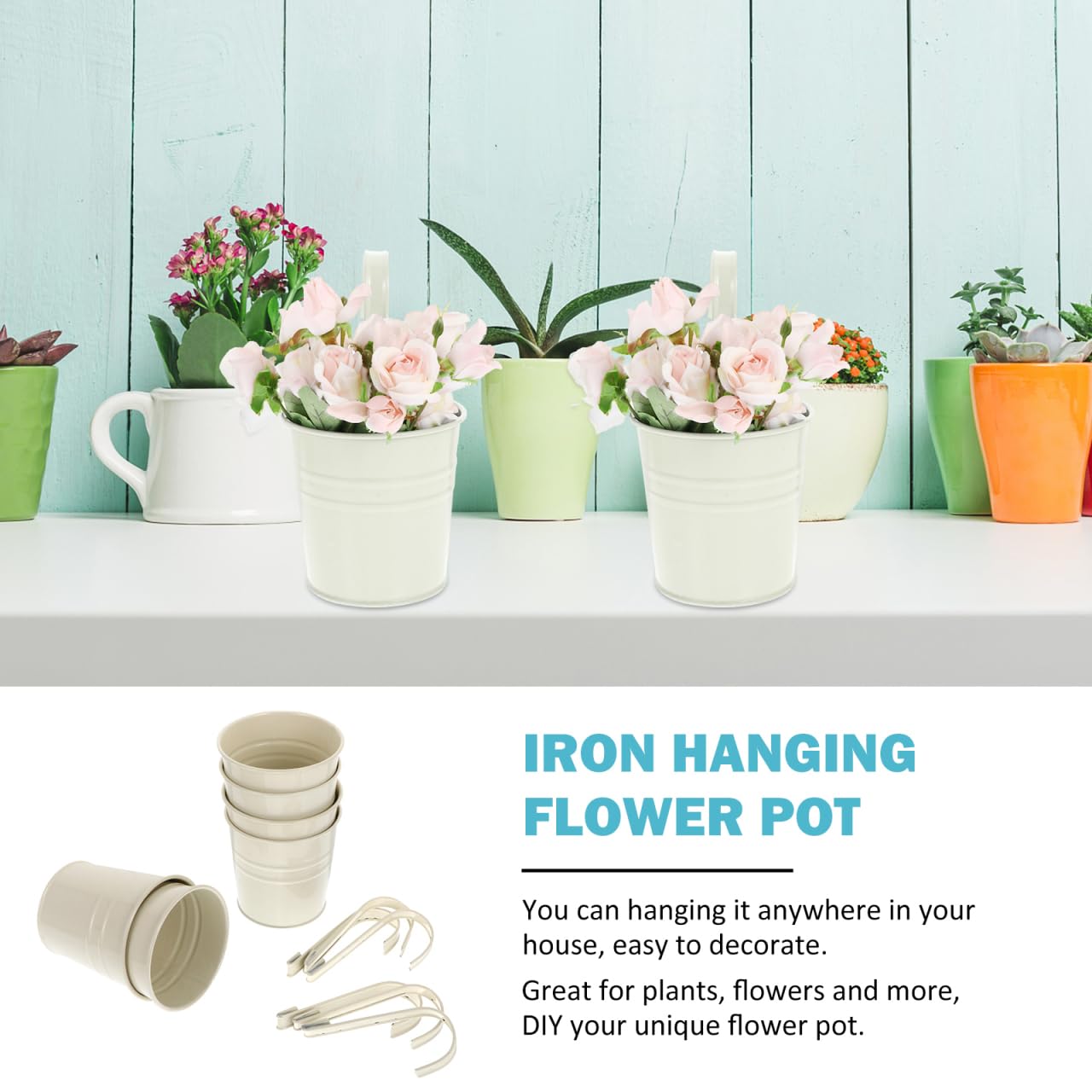 Cabilock Lot de 6 Pots de Fleurs Suspendus en métal - Beige - Crochets Amovibles - en Fer Rustique - pour Plantes Grasses, Plantes Grasses, Ses, Ses, Jardins