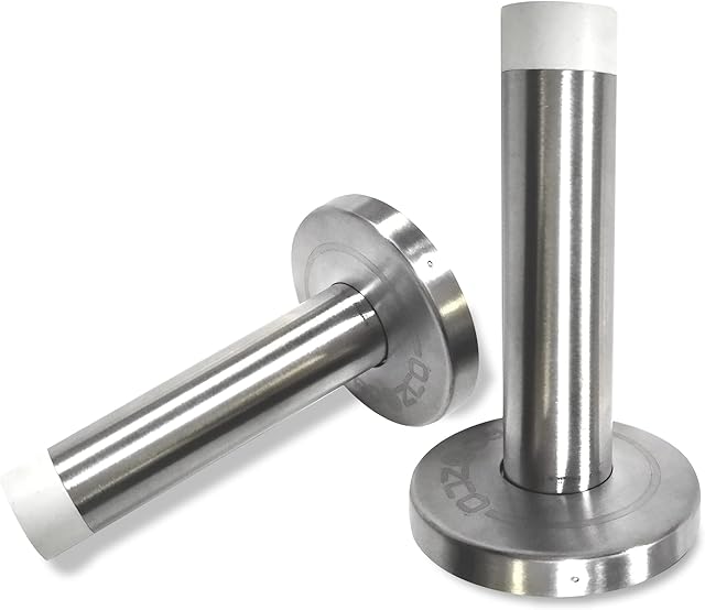 ROAZCO Door Stops White Wall Mounted - Set of 2 Door Stoppers with Screws and Anchors - Sound Dampening Rubber Buffer Bumper Top with Heavy Duty Stainless Steel Body