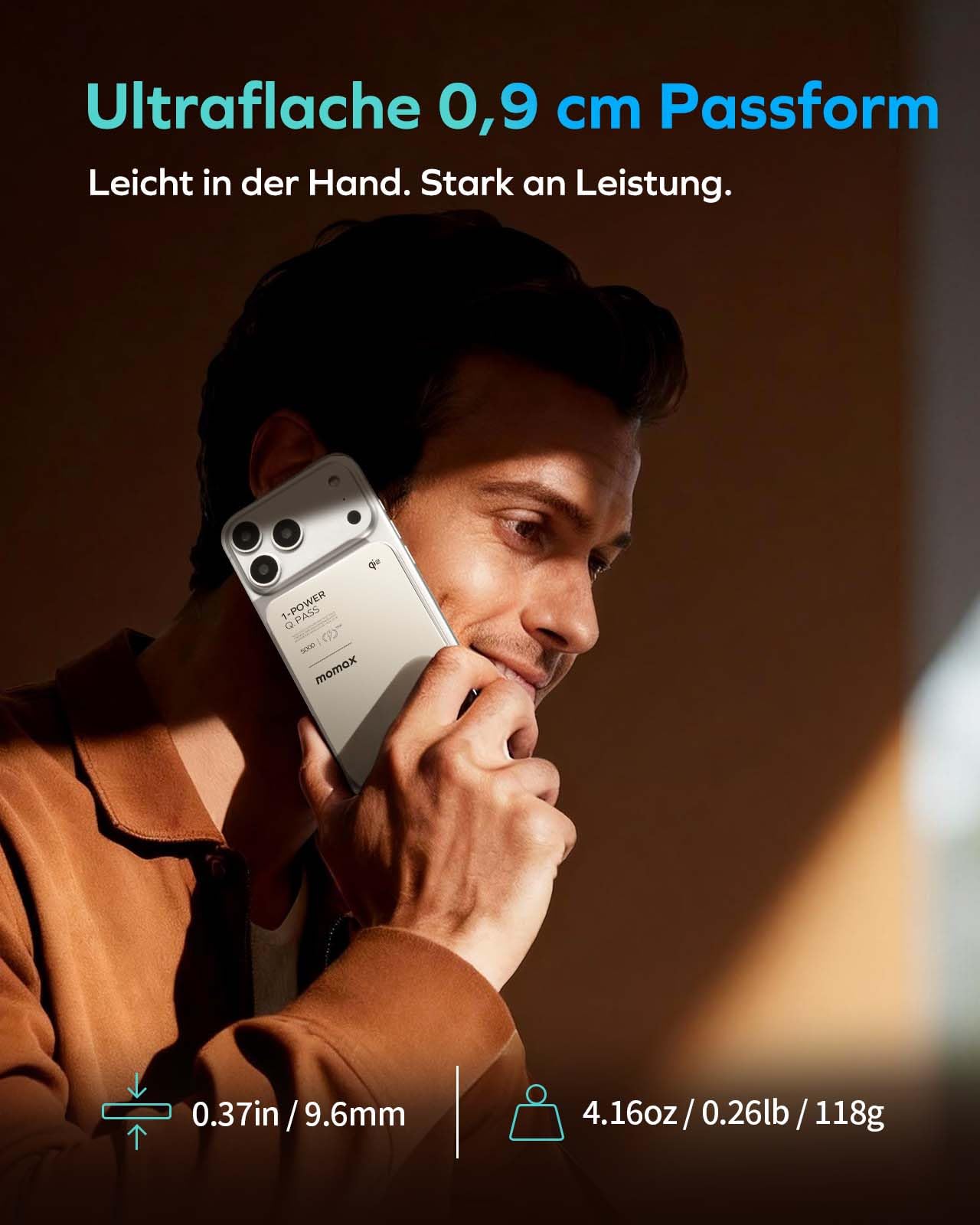 MOMAX Qi2 MagSafe Powerbank 5000mAh, ultradünne kabellose Powerbank mit 15W Schnellladung & Niedrigtemperatur-Technik, 118g leicht, USB-C, für iPhone/Android, Titan