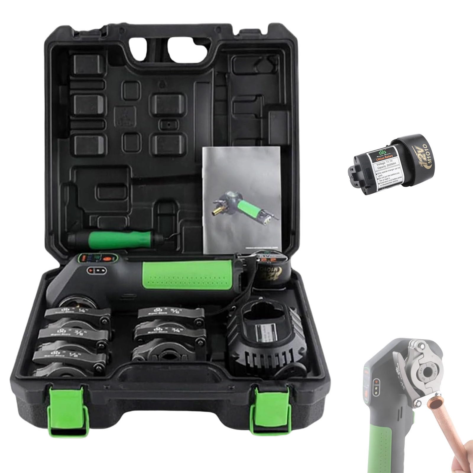DzkZen Copper Flaring Tool Kit with 5 Flare Clamps & Deburrer, Electric Flaring for HVAC Copper Tubing and Aluminum, with Work Lighting, for Multiple Uses 2batteries