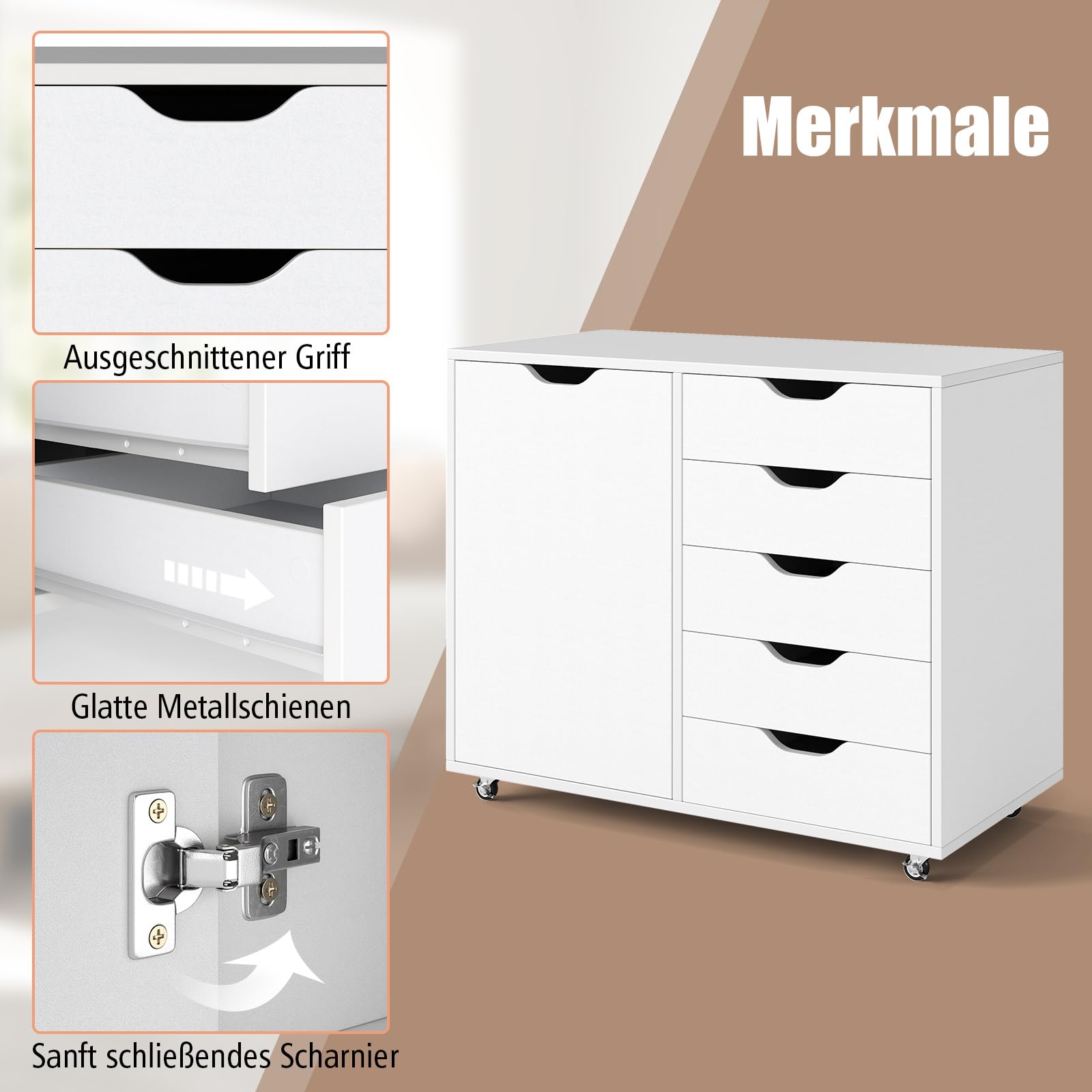 COSTWAY Rollcontainer mit 5 Schubladen & Tür, mobiler Aktenschrank mit Arbeitsplatte & Rollen, Büroschrank modern, Schreibtisch Unterschrank für Büro Wohnzimmer, 79 x 39 x 65cm (Weiß)