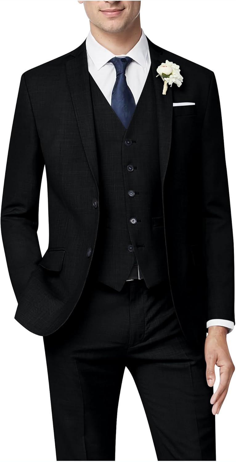 Men's 3 Piece Slim Fit Suit Set, Two Button Blazer Solid Suit Jacket Vest Pants Tuxedo Set for Wedding Prom