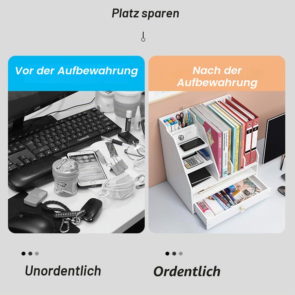 Schreibtisch-Organizer mit Stiftehalter und Schublade, Mehrzweck-Dokumentenablage, Schreibtischaufsatz, Aufbewahrungsregal, für Zuhause, Büro, Schule. Weiß (PB04)