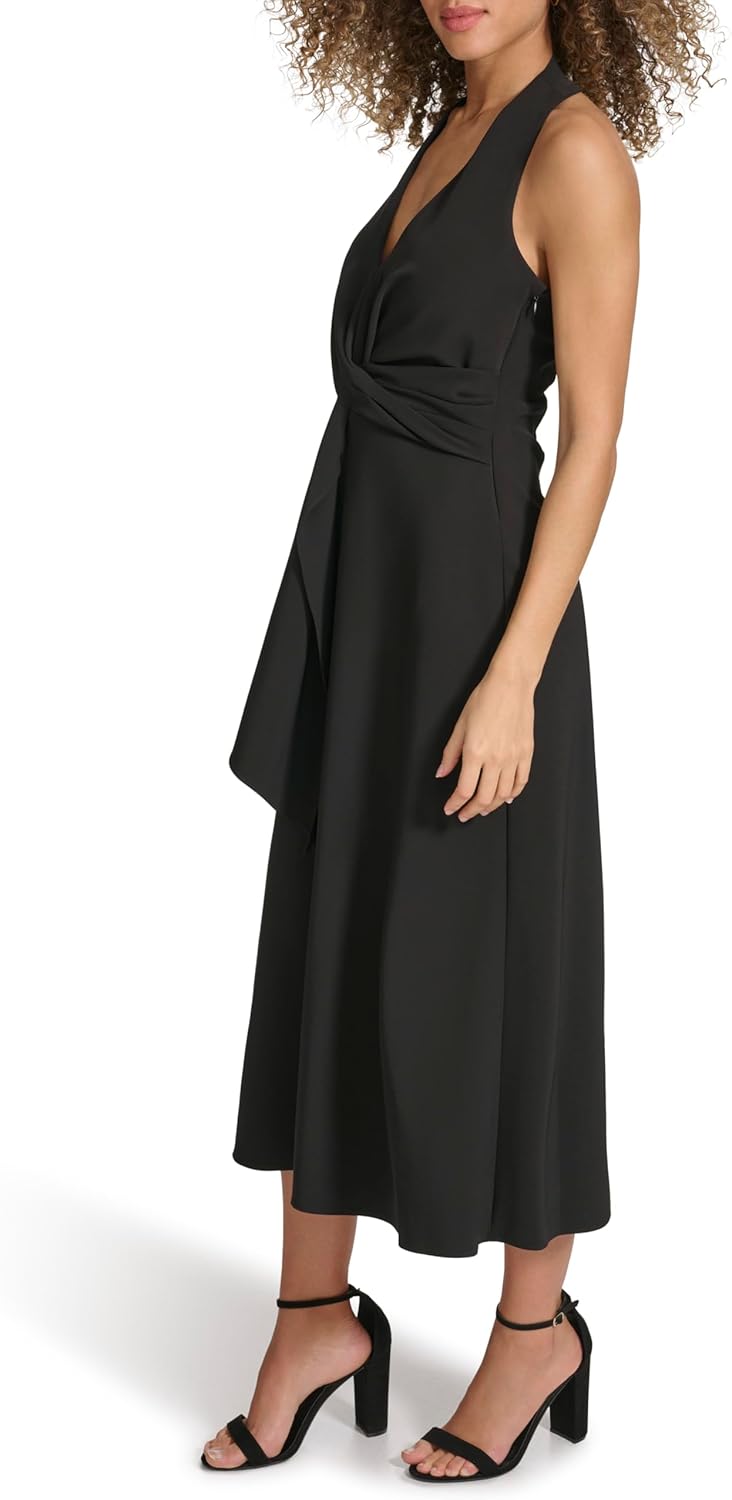 Siena Womens Sleeveless Halter V-Neck Draped Tie Front Midi Dress - Image 3
