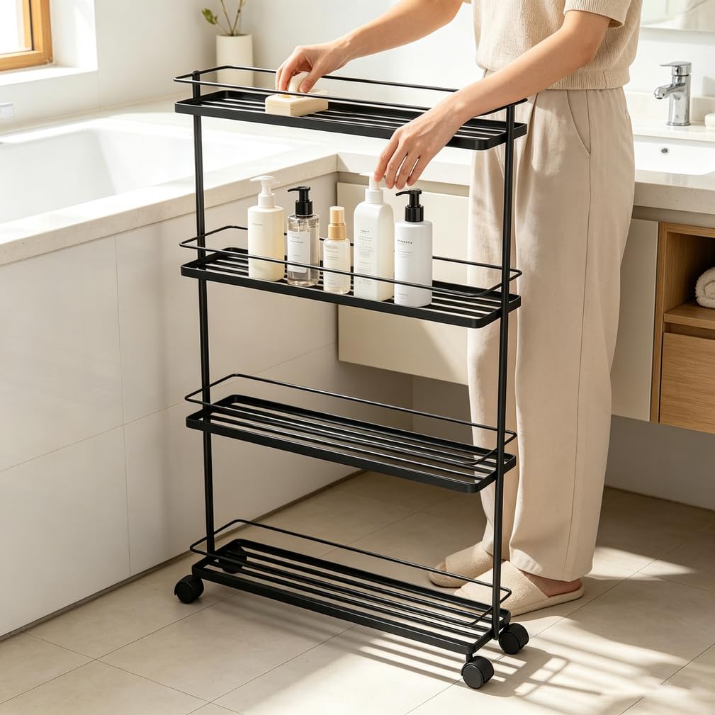 cendbirut Slim Storage Cart with Wheels, 3/4 Tier Metal Narrow Rolling Cart
