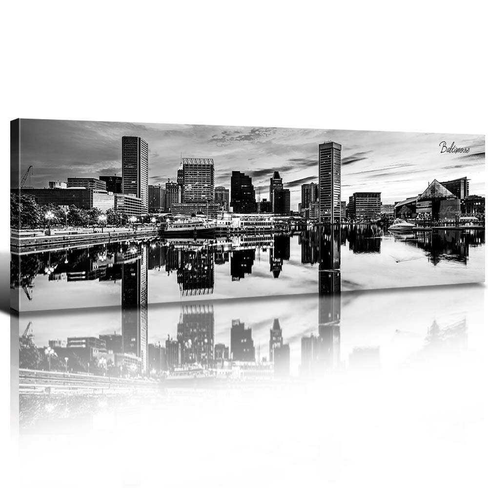 Baltimore Skyline Wall Art Black and White Maryland Pictures Living Room Wall Decor Inner Harbor City Skyscraper Panoramic Canvas Prints USA Cityscape Building Artwork Bedroom Home Decorations 14x48β