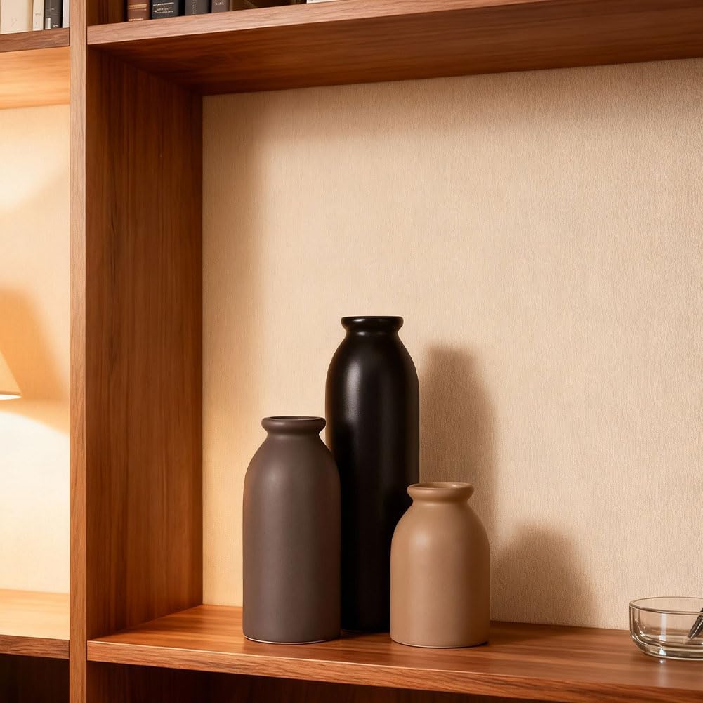 Matte Ceramic Vase Set of 3 - Modern Rustic Farmhouse Style, Decorative Vases for Dining Table, Shelf, Bedroom, Living Room, Kitchen, Office, Bathroom, Mantle, Centerpiece Décor (Neutral)