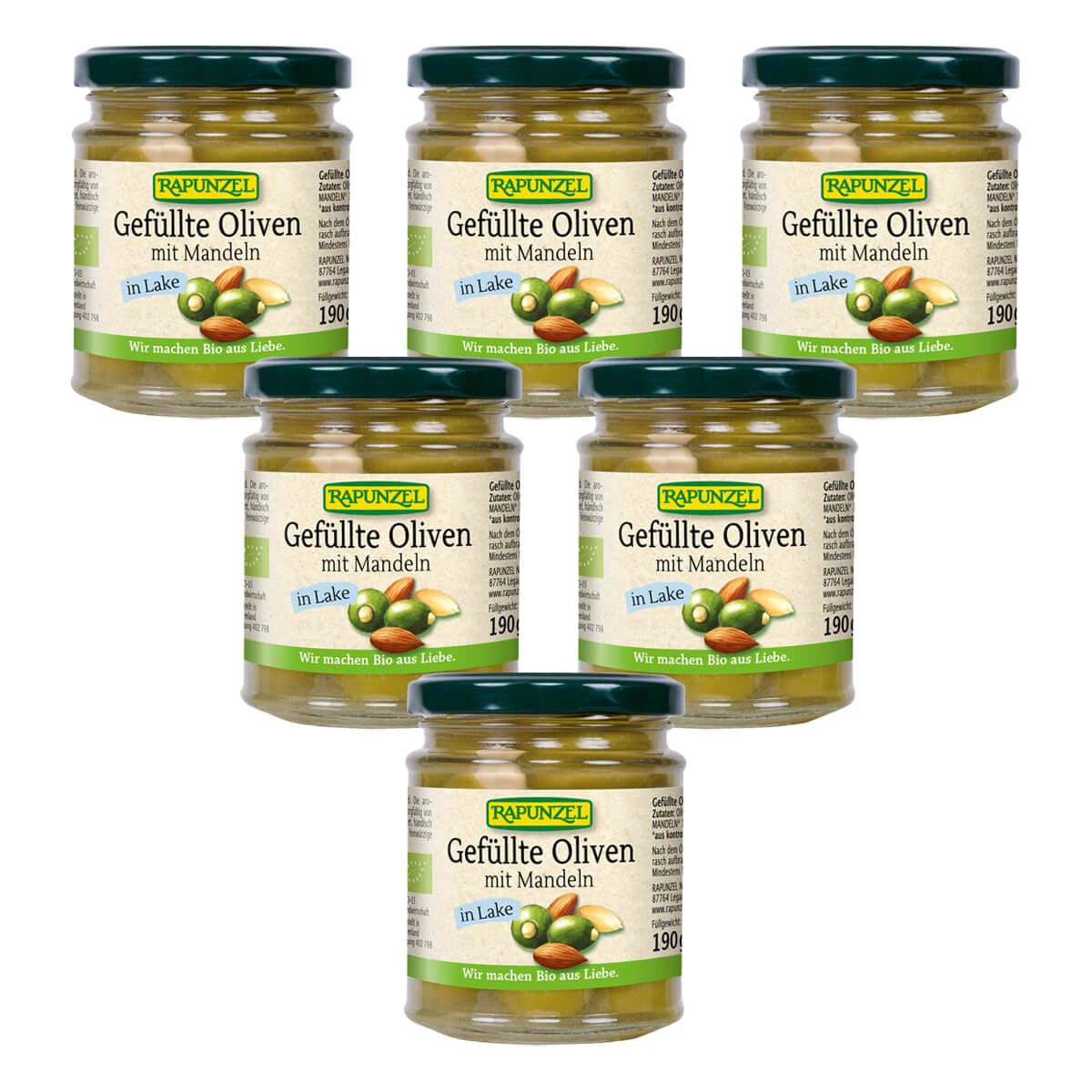 Rapunzel - Oliven grün gefüllt mit Mandeln in Lake - 190 g - 6er Pack