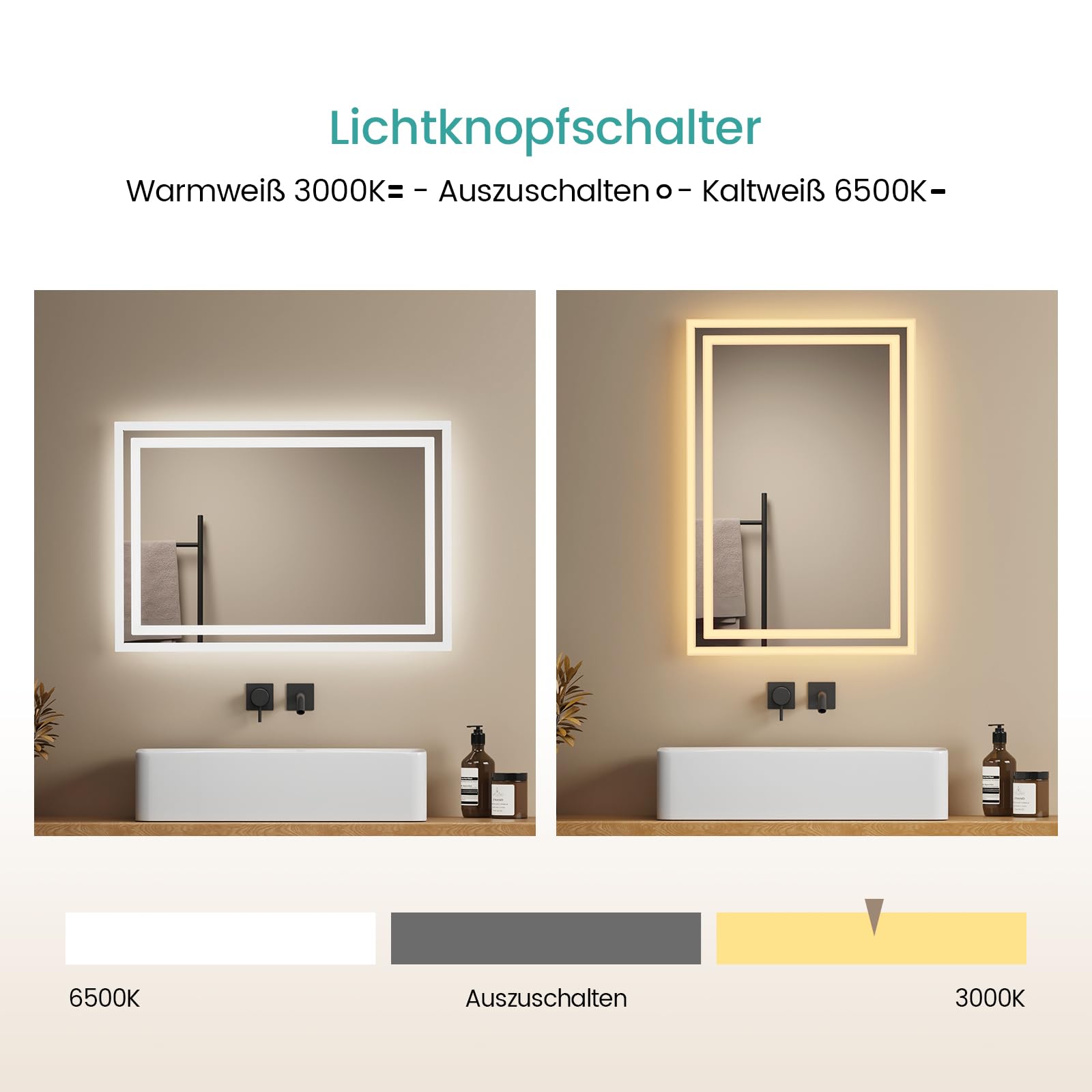 EMKE Badkamerspiegel met verlichting, 40 x 60 cm, led, anti-condens, koud wit, warm wit, lichtspiegel, badkamerspiegel met schakelaar, hoogwaardig aluminium frame, IP44, energiebesparend