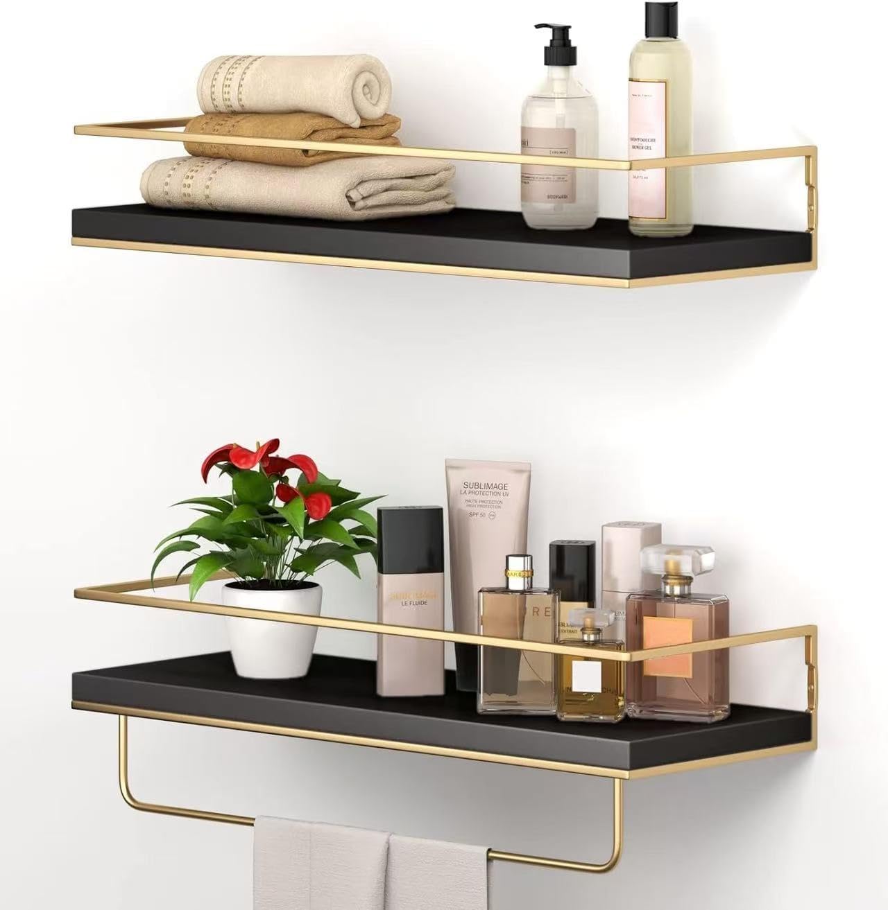 shario floating shelves - set of 2, wall mounted hanging shelves with golden towel rack, decorative storage shelves for bathroom, kitchen, living room & bedroom (black gold, 15.7 inches)