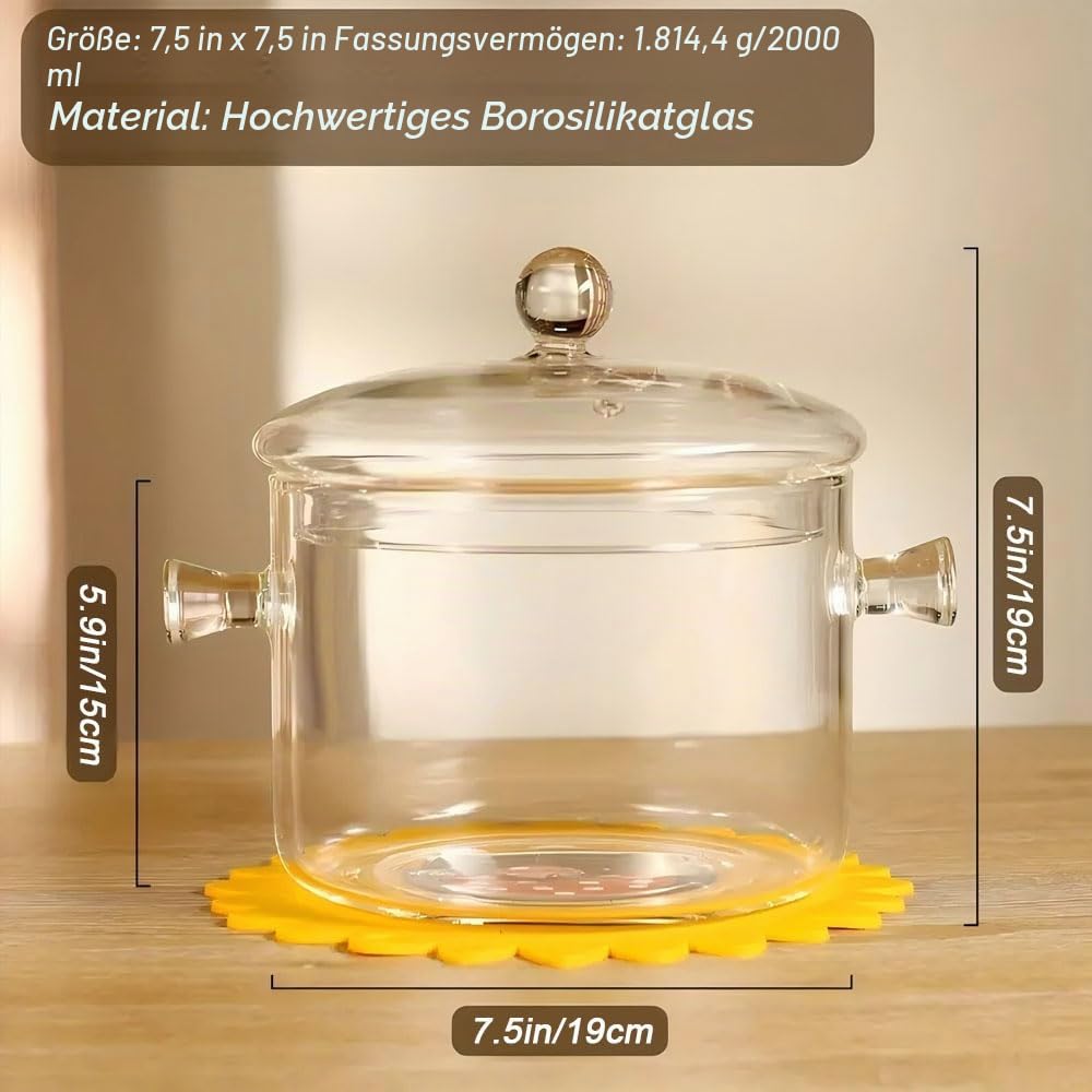 Glas-Kochtopf – 2 l, hitzebeständiges Borosilikatglas, handgefertigtes Kochgeschirr-Set, Herdplatte, sicher für Nudeln, Suppe, Milch, Tee (2 Liter) :