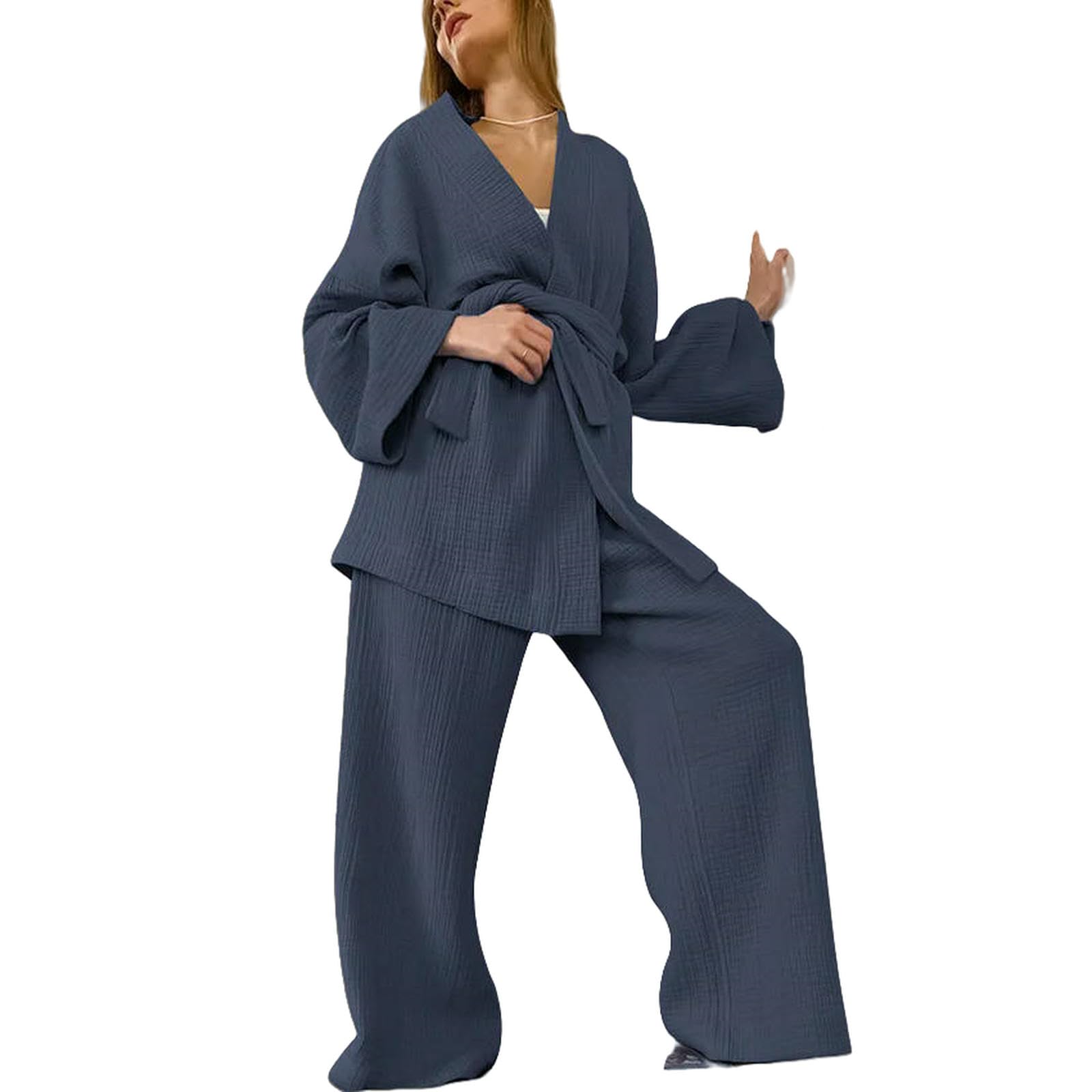 Pigiama in Cotone crêpe Pantaloni A Maniche Lunghe da Donna Completo Servizio Domicilio Mujer-Marrone Chiaro-s