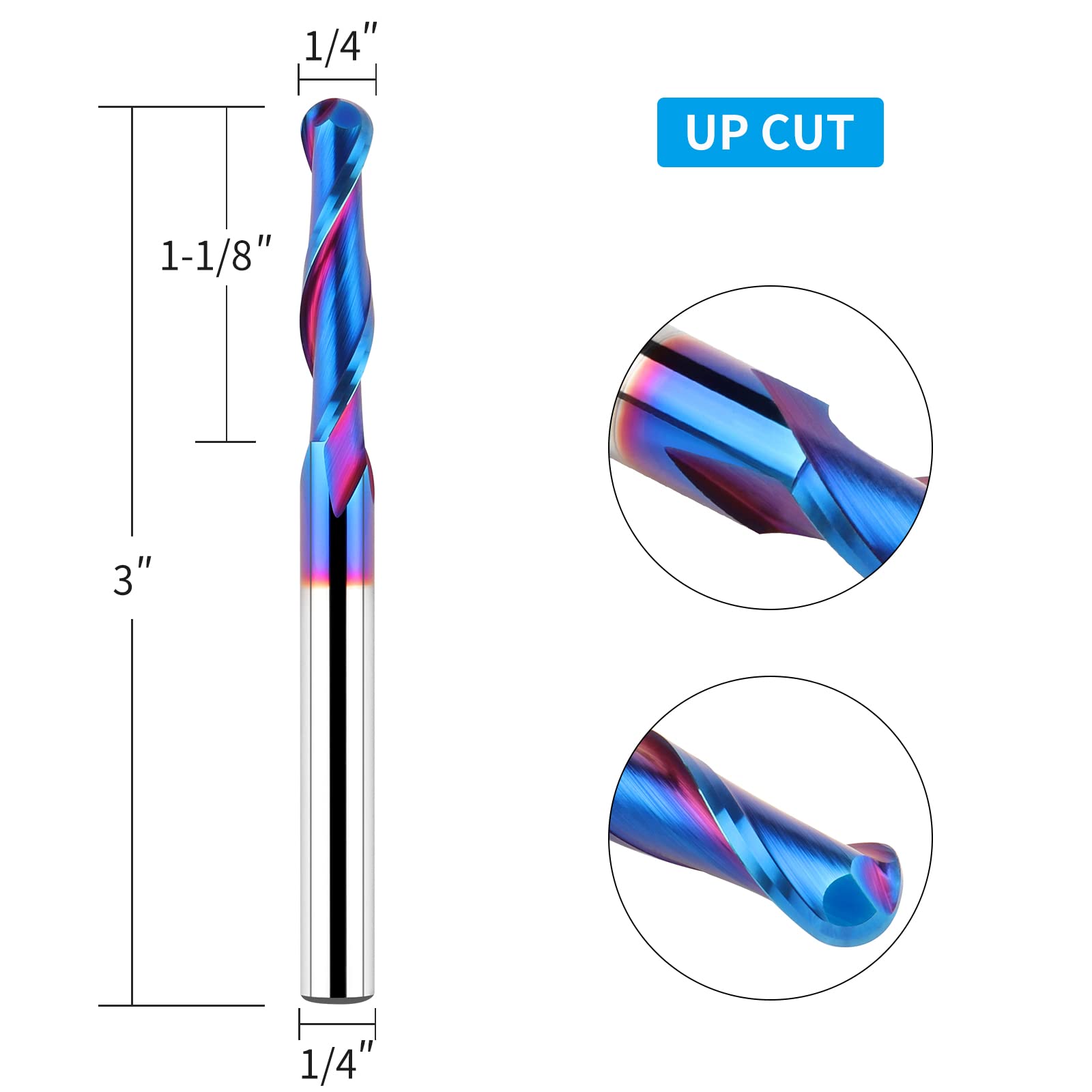 EANOSIC CNC-Fräser-Bit aus Hartmetall, 6,35 mm Schaft, extra langer 7,6 cm Spiral-Kugelfräser, Holzfräser mit blauer Nano-NACO-Beschichtung, 2 Stück
