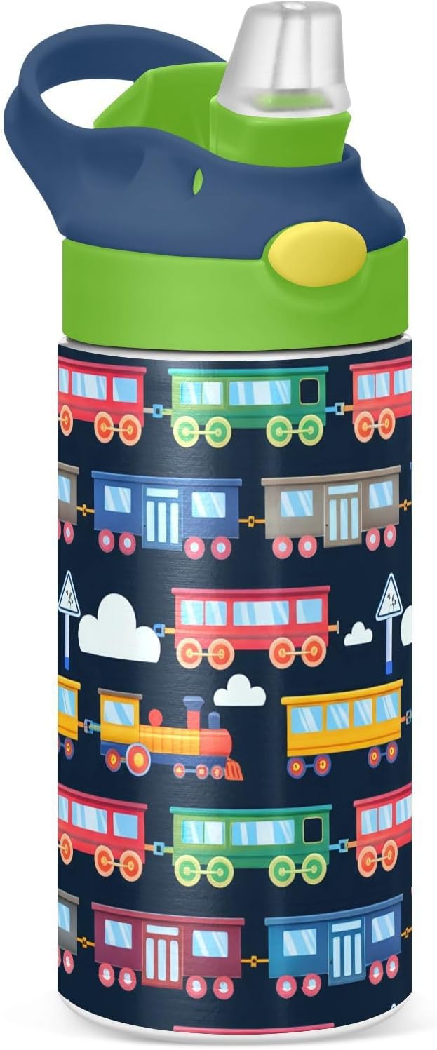 Cartoon Train Cloudscape Insulated Stainless Steel Water Bottle for Kids Toddlers Steel Cup with Straw & Handle Straw Bottle for School Office Travel Sports Gym Boys Girls
