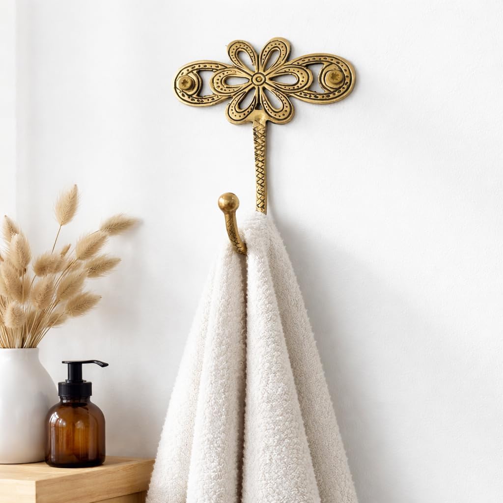 Brass Boho Floral Decorative Coat Wall Hook Set of 3 | Holds upto 46 lbs Solid Brass, Vintage Flower Design, Heavy Duty, Wall Mounted, Entryway, Coat Hooks, Multi-Purpose Organizer