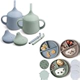 Silicone Baby Sippy Cups 2-Pack & Suction Plates for Baby 3-Pack | 3-in-1 Training Cup with Straw, Spout, & Open Cup | 100% Silicone, BPA-Free, Dishwasher Safe, Perfect for Infants & Toddlers