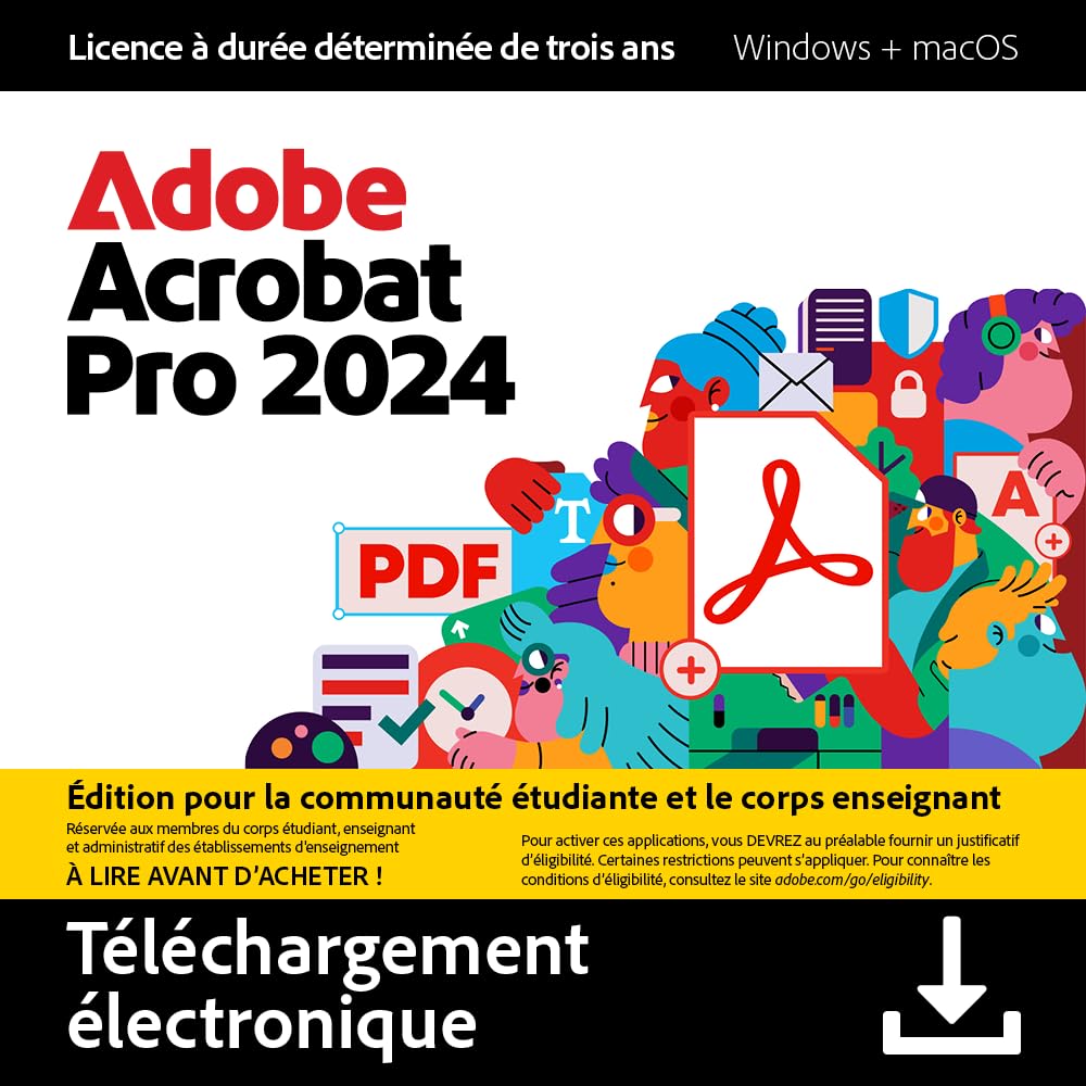 Adobe Acrobat Pro 2024 Student & Teacher | Édition, remplissage et signature de PDF | Licence 3 ans | PC/Mac | Téléchargement