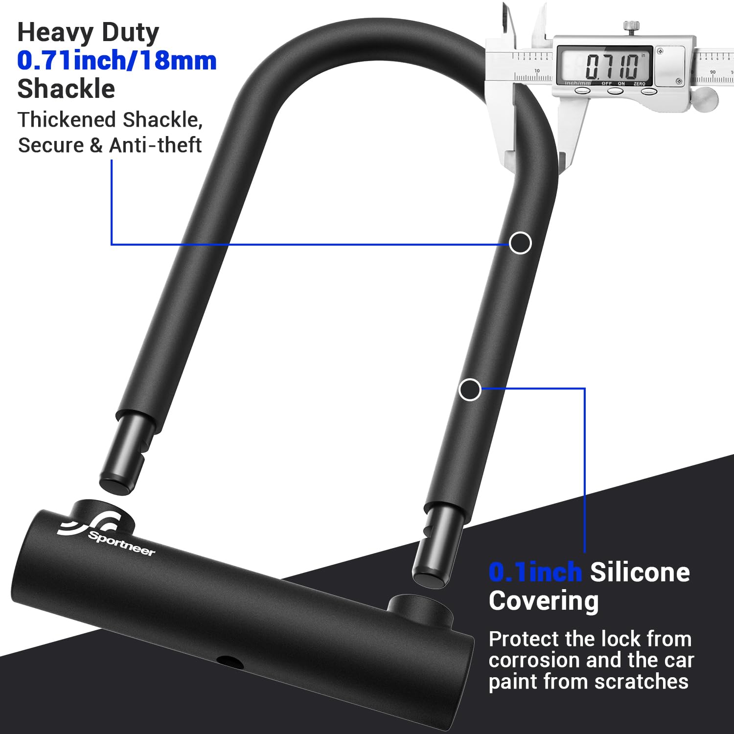 Sportneer Lucchetto a U per bicicletta, 18 mm, resistente, con cavo in acciaio ad alta sicurezza da 1,8 m, staffa di montaggio regolabile e serratura antifurto per biciclette (blocco a U)