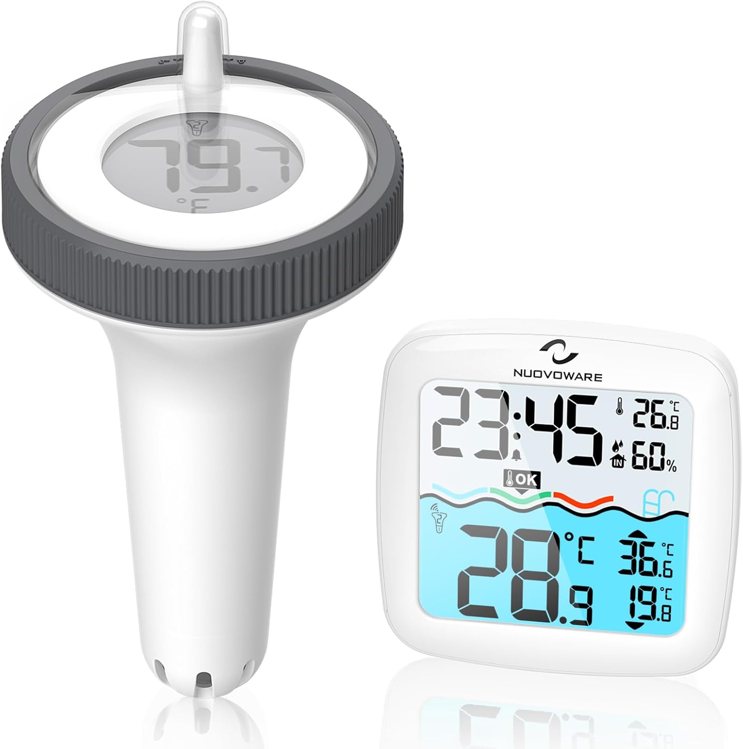 Nuovoware Digital Floating Pool Thermometer, Wireless Thermometer with Easy Read Screen Display, Remote Water IPX8 Waterproof for Swimming Pools, Fish Tank, Hot Tub