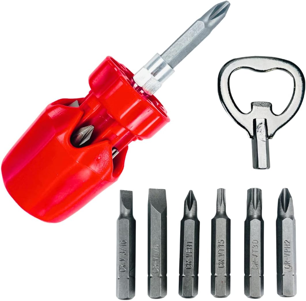 Artesia Tool 7 in 1 Small Screwdriver | Size 4.5" Long | 6 Bits Included Phillips, Flat, Torx | Bonus Bottle Opener Included | Compact and Easy to Store